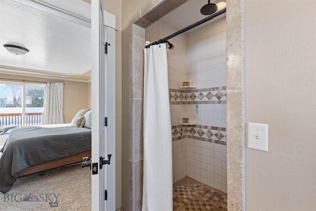 bathroom with ornamental molding and a shower with shower curtain