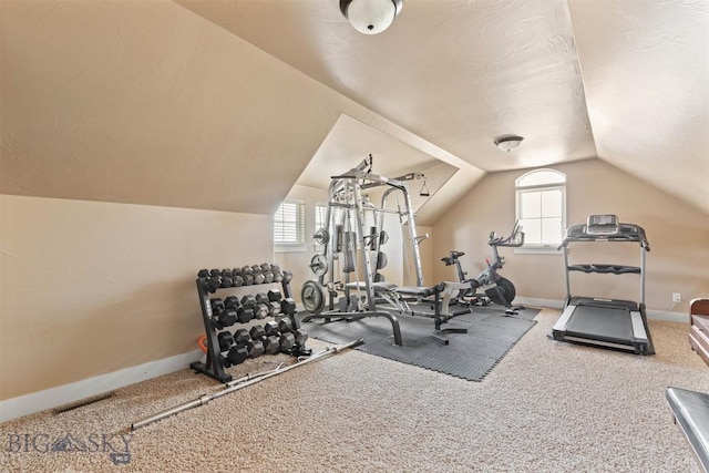 exercise room featuring vaulted ceiling and carpet