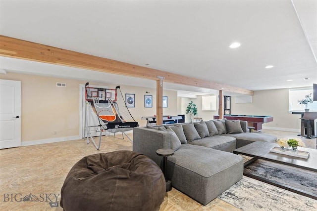 living room featuring beam ceiling and billiards