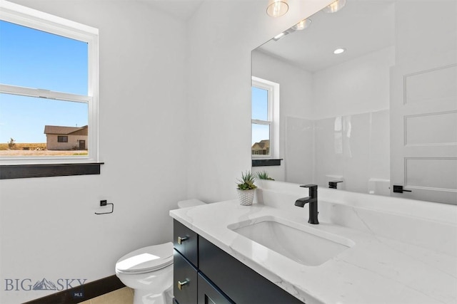 bathroom featuring vanity, toilet, and walk in shower