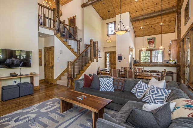 living room with beamed ceiling, wooden ceiling, a chandelier, high vaulted ceiling, and dark hardwood / wood-style floors