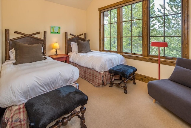 bedroom with vaulted ceiling and carpet