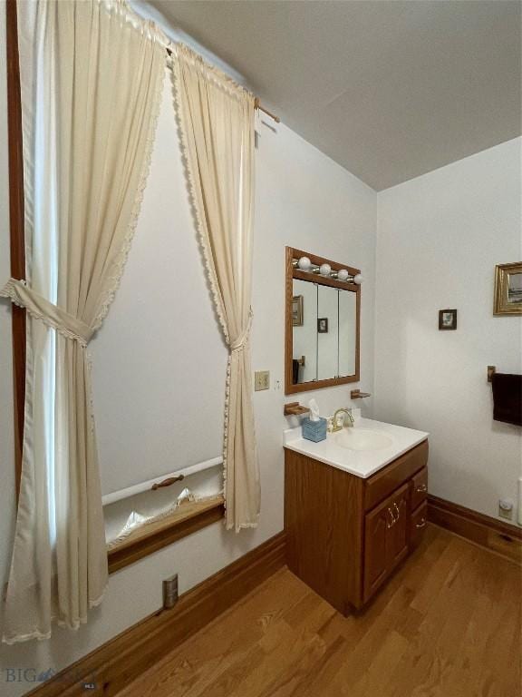 bathroom with wood-type flooring and vanity