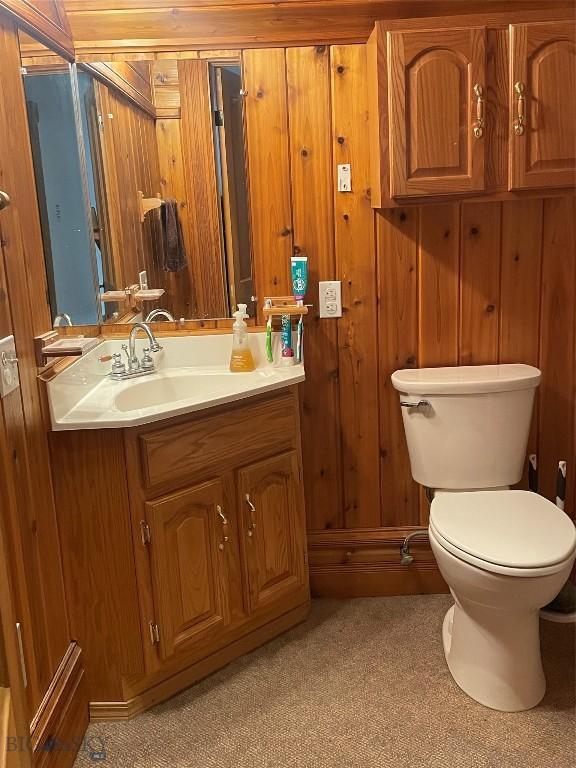 bathroom with wood walls, toilet, and vanity