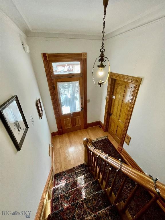 doorway with ornamental molding and hardwood / wood-style floors