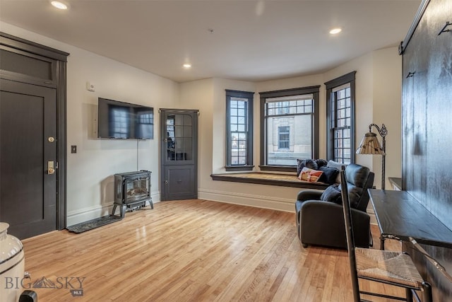 living room with a wood stove and light wood-type flooring