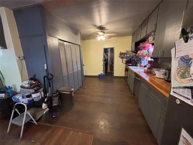 kitchen with butcher block counters and ceiling fan