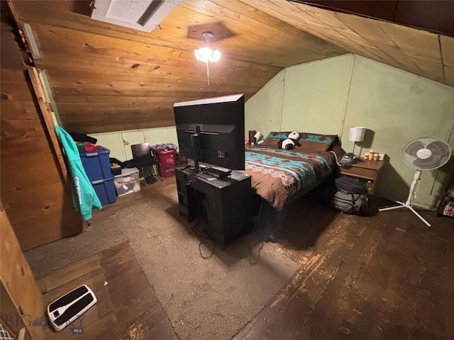 bedroom featuring lofted ceiling, hardwood / wood-style floors, and wood ceiling