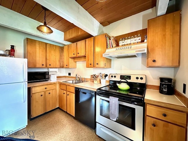 kitchen with decorative light fixtures, sink, wood ceiling, and black appliances