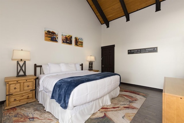 bedroom with vaulted ceiling with beams, dark hardwood / wood-style flooring, and wooden ceiling