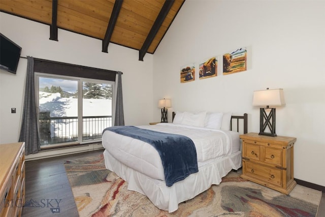 bedroom with wood ceiling, access to outside, lofted ceiling with beams, and dark wood-type flooring