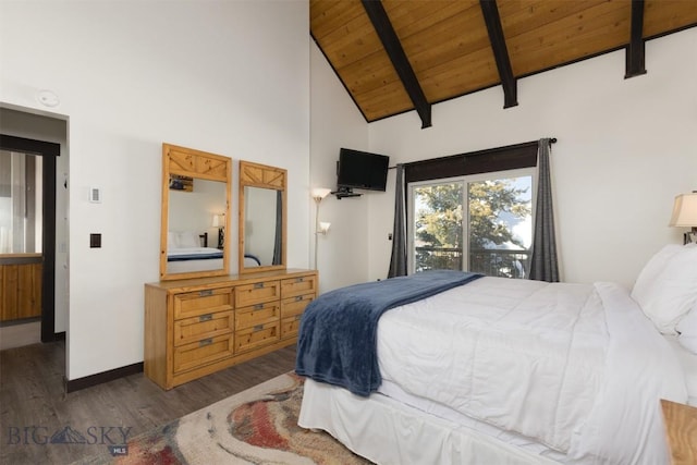 bedroom featuring beamed ceiling, dark hardwood / wood-style floors, wooden ceiling, and high vaulted ceiling