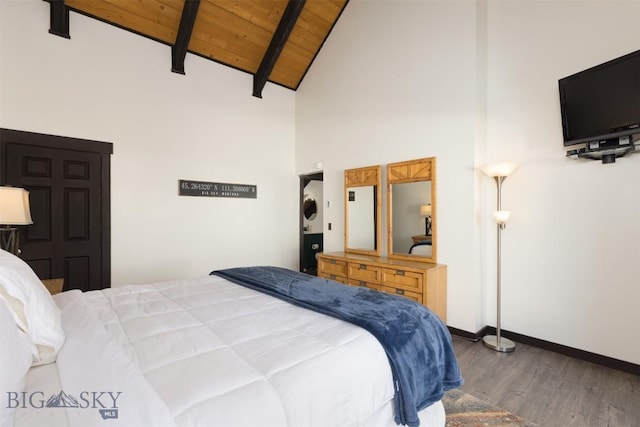 bedroom featuring beamed ceiling, dark hardwood / wood-style floors, high vaulted ceiling, and wooden ceiling