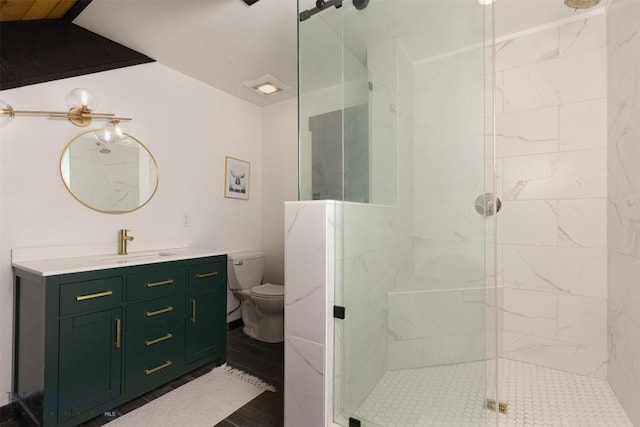 bathroom with vanity, an enclosed shower, and toilet