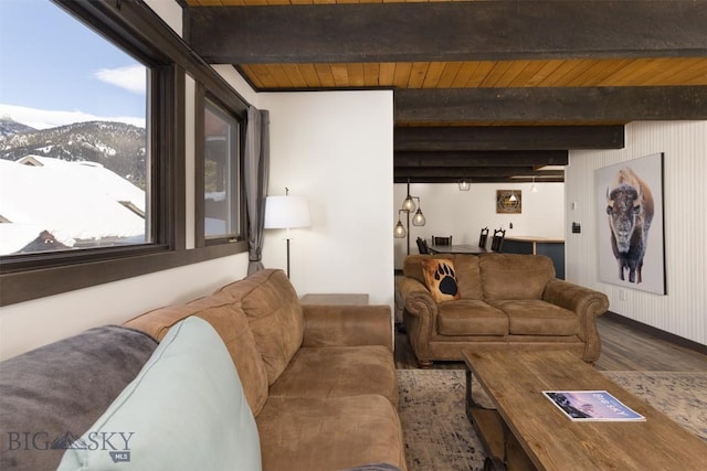 living room with beamed ceiling, hardwood / wood-style flooring, a mountain view, and a healthy amount of sunlight