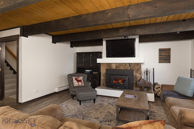 living room with beam ceiling, dark hardwood / wood-style floors, a fireplace, a baseboard radiator, and wooden ceiling