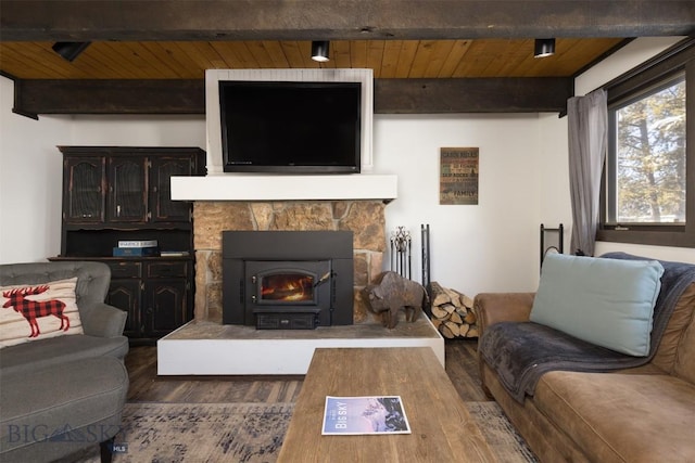 living room featuring wood ceiling, dark hardwood / wood-style floors, and beamed ceiling