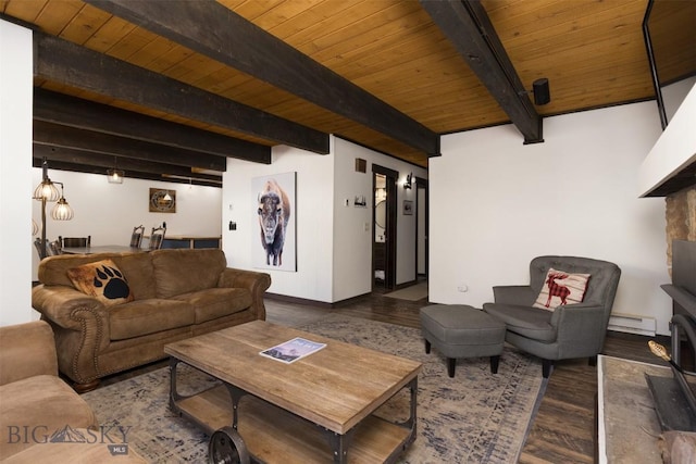 living room featuring beamed ceiling, a baseboard heating unit, and wood ceiling