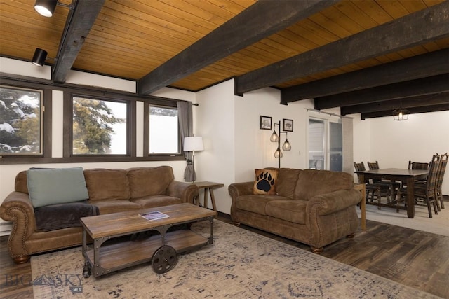 living room featuring beamed ceiling, wood-type flooring, and wood ceiling