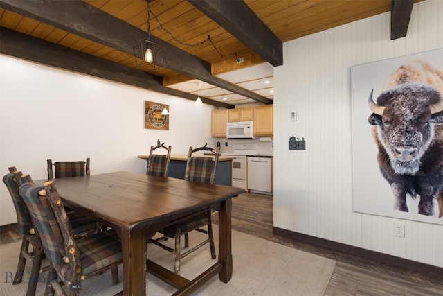 dining area with dark hardwood / wood-style floors, wood ceiling, and beam ceiling