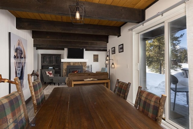 dining room featuring wooden ceiling and beamed ceiling