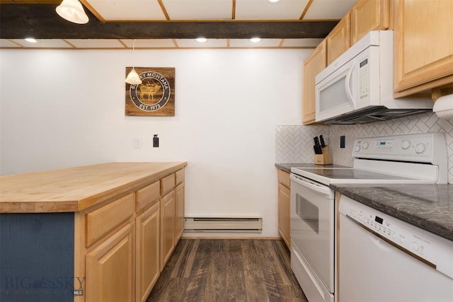 kitchen with dark hardwood / wood-style floors, wood counters, decorative backsplash, baseboard heating, and white appliances