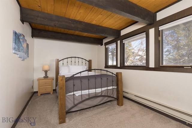 bedroom featuring beamed ceiling, carpet floors, wood ceiling, and baseboard heating