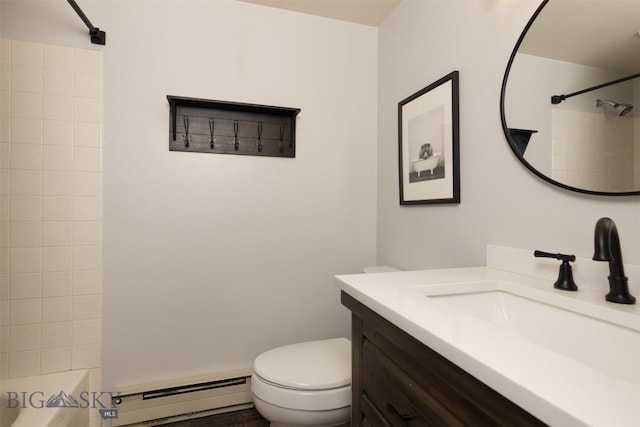 full bathroom with vanity, bathtub / shower combination, baseboard heating, and toilet