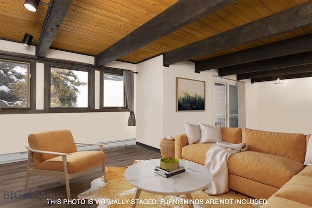 living room featuring beamed ceiling, hardwood / wood-style floors, and wood ceiling