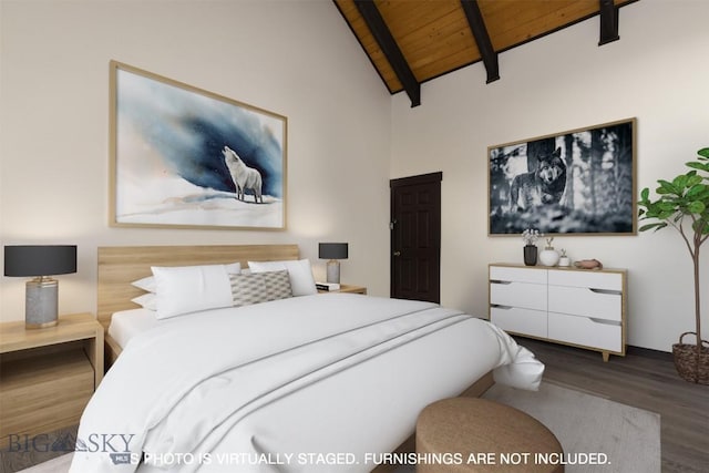 bedroom featuring vaulted ceiling with beams, wood ceiling, and dark hardwood / wood-style floors