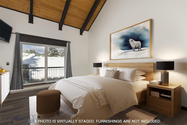 bedroom featuring wood ceiling, lofted ceiling with beams, and dark hardwood / wood-style floors