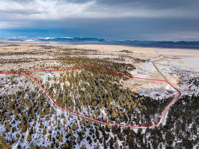 snowy aerial view featuring a mountain view