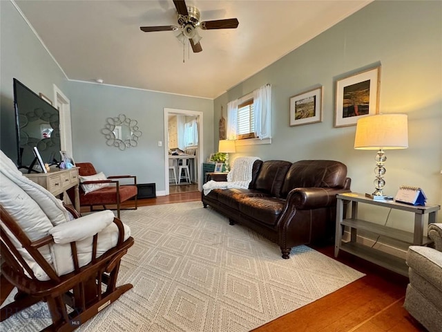 living room featuring ceiling fan and wood-type flooring