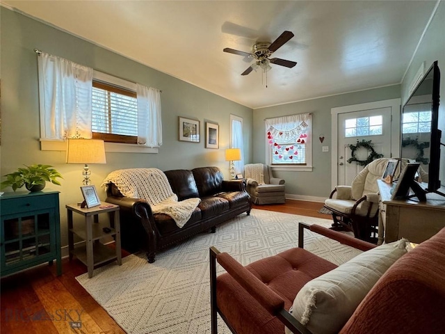 living room featuring hardwood / wood-style floors and ceiling fan