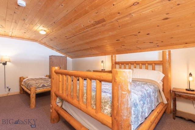 bedroom with lofted ceiling, wooden ceiling, and carpet flooring