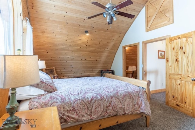 bedroom with vaulted ceiling, wooden ceiling, ceiling fan, and carpet flooring