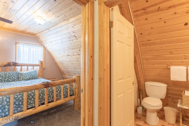 carpeted bedroom featuring wood ceiling, lofted ceiling, and wood walls