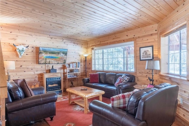 living room featuring wood ceiling and wooden walls