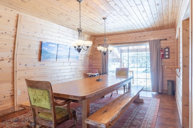 dining space with hardwood / wood-style flooring, wooden ceiling, a chandelier, and wood walls