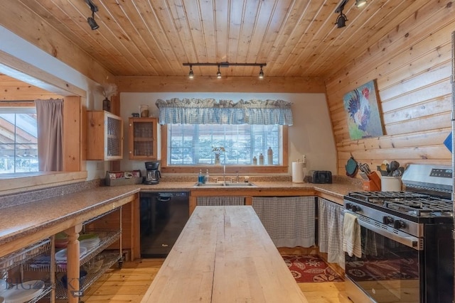 kitchen featuring wood walls, dishwasher, rail lighting, sink, and stainless steel gas range