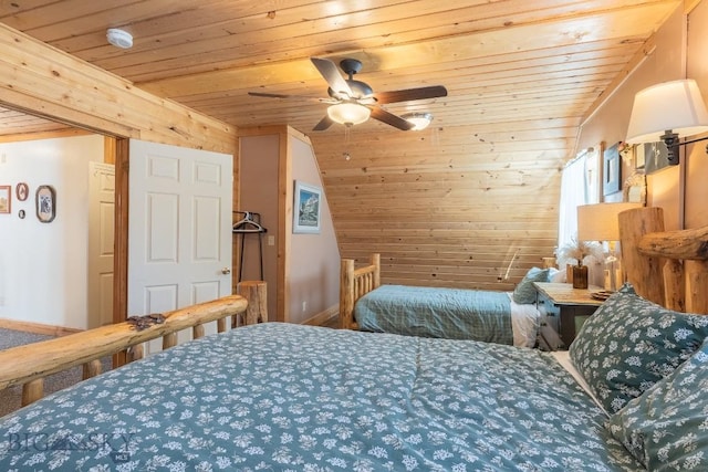 bedroom with vaulted ceiling, wooden ceiling, and ceiling fan