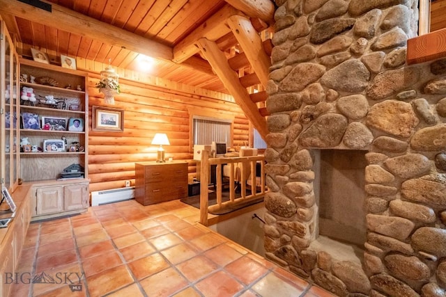 interior space featuring wood ceiling, a baseboard heating unit, log walls, and beamed ceiling