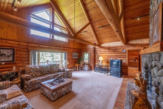 living room featuring beamed ceiling, high vaulted ceiling, wooden ceiling, and rustic walls