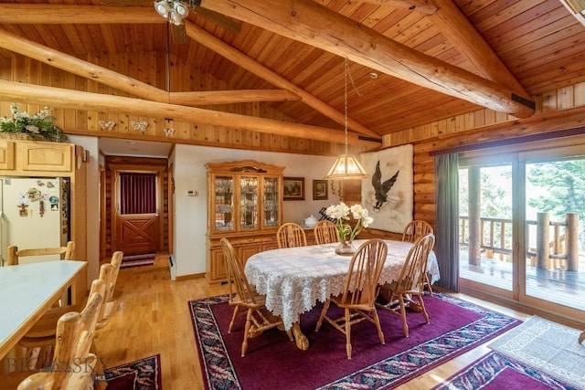 dining area featuring beam ceiling, high vaulted ceiling, log walls, wooden ceiling, and light wood-type flooring