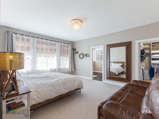 carpeted bedroom with a spacious closet and a closet