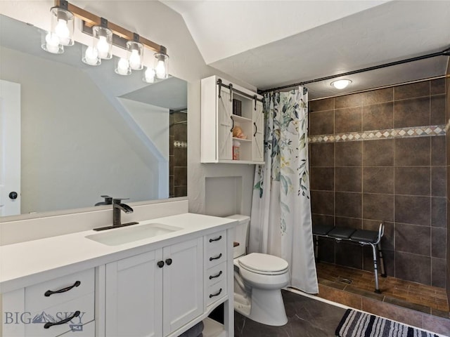 bathroom featuring lofted ceiling, vanity, curtained shower, and toilet