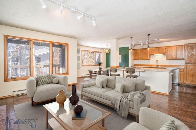 living room featuring dark hardwood / wood-style flooring, sink, rail lighting, and baseboard heating