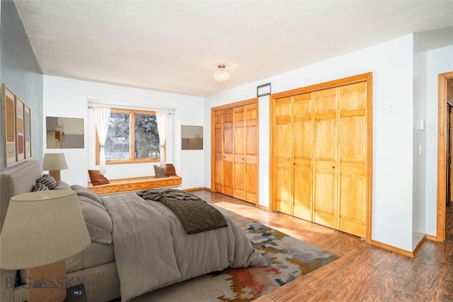 bedroom with hardwood / wood-style floors and two closets