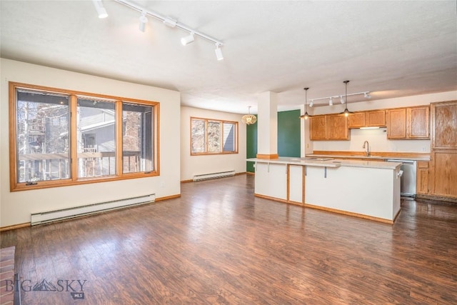 kitchen with sink, hanging light fixtures, and a baseboard heating unit