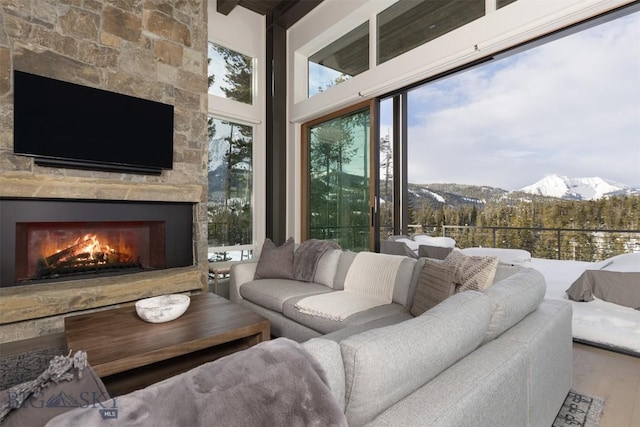 living room with a wealth of natural light, a mountain view, hardwood / wood-style floors, and a stone fireplace